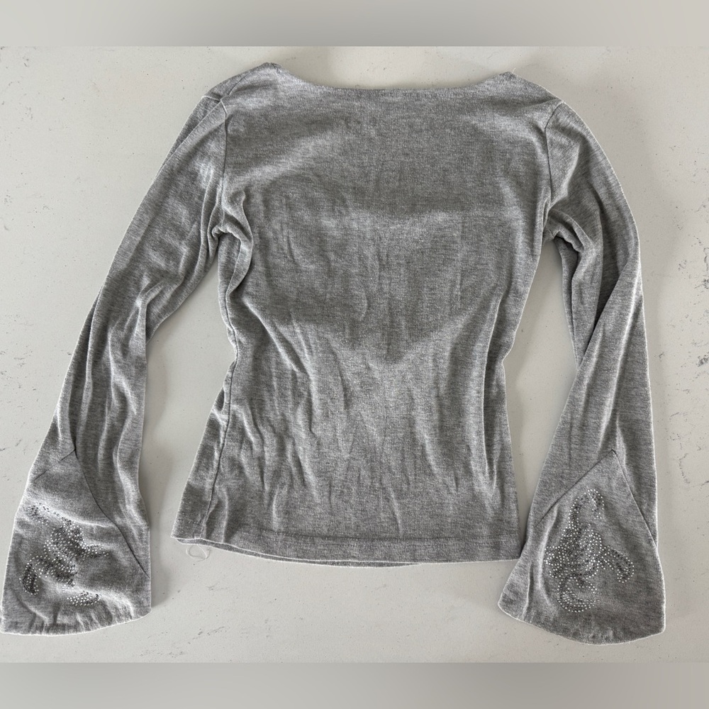 Women’s Grey Long-Sleeve Top with Embellished Bell Sleeve